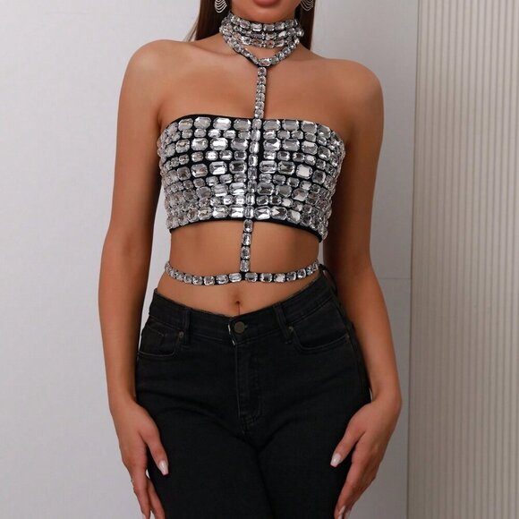 Black Party Women's Rhinestone Halter Neck Sexy & Versatile Camisole Top - Picture 1 of 9